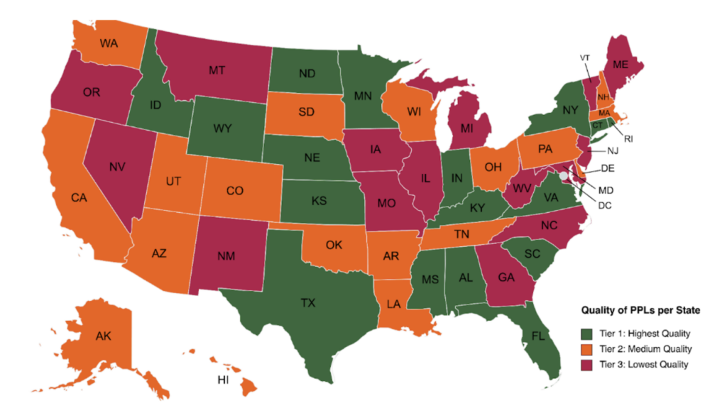 Map of US with different colors showing the levels of PPLs per state