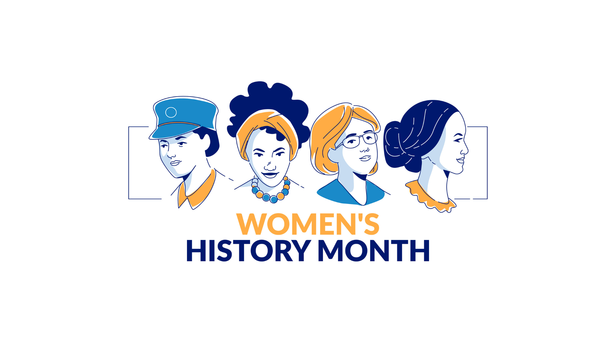 Flat women's history month illustration in navy, aqua and goldenrod yellow depicting four people across the image.